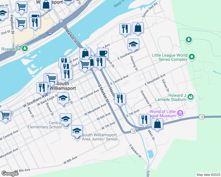 map of restaurants, bars, coffee shops, grocery stores, and more near 429 Hastings Street in Williamsport