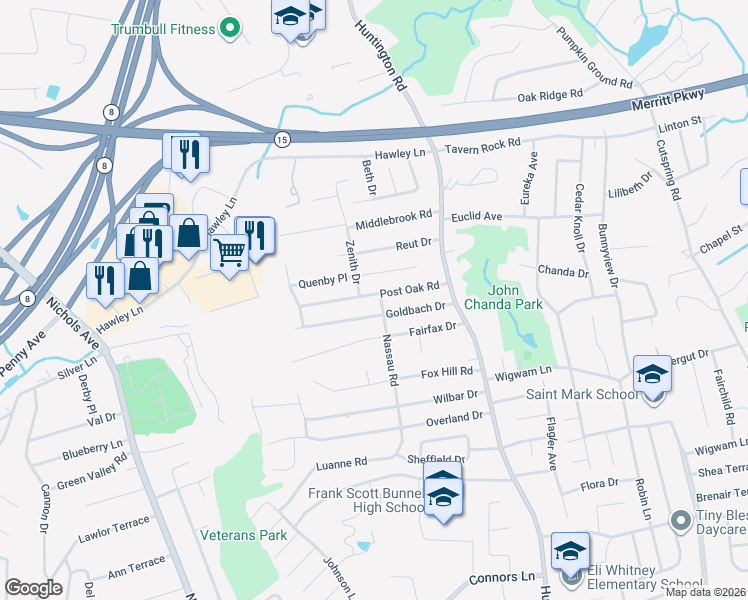 map of restaurants, bars, coffee shops, grocery stores, and more near 140 Post Oak Road in Stratford