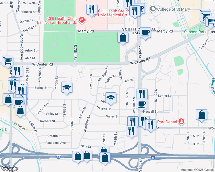 map of restaurants, bars, coffee shops, grocery stores, and more near 7461 Rogers Road in Omaha