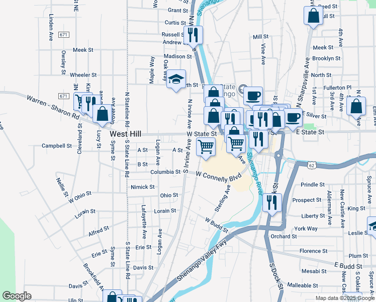 map of restaurants, bars, coffee shops, grocery stores, and more near 62 South Irvine Avenue in Sharon