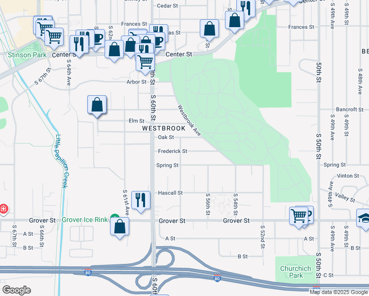 map of restaurants, bars, coffee shops, grocery stores, and more near 5642 Frederick Street in Omaha