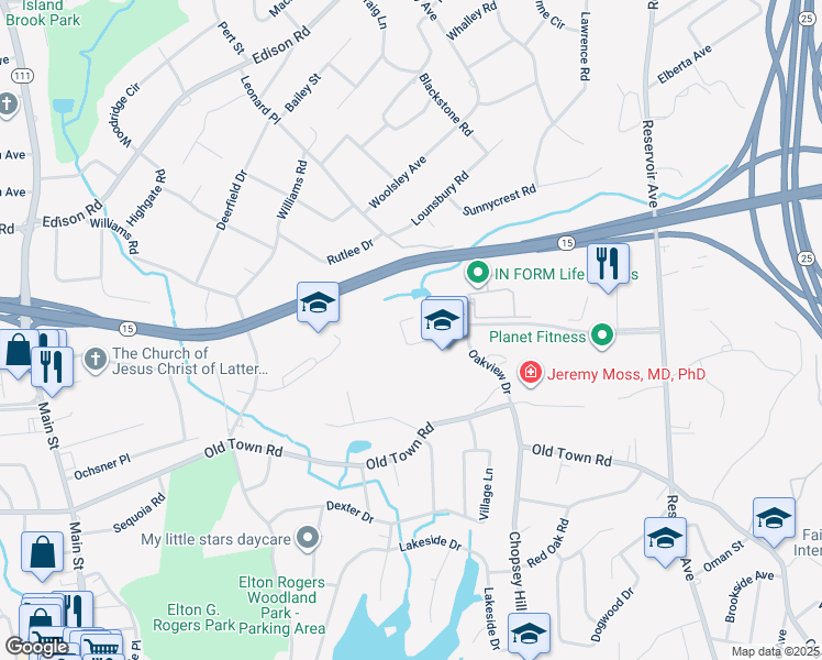 map of restaurants, bars, coffee shops, grocery stores, and more near 101 Oakview Drive in Trumbull