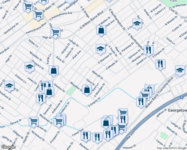 map of restaurants, bars, coffee shops, grocery stores, and more near 132 Almond Lane in Wilkes-Barre