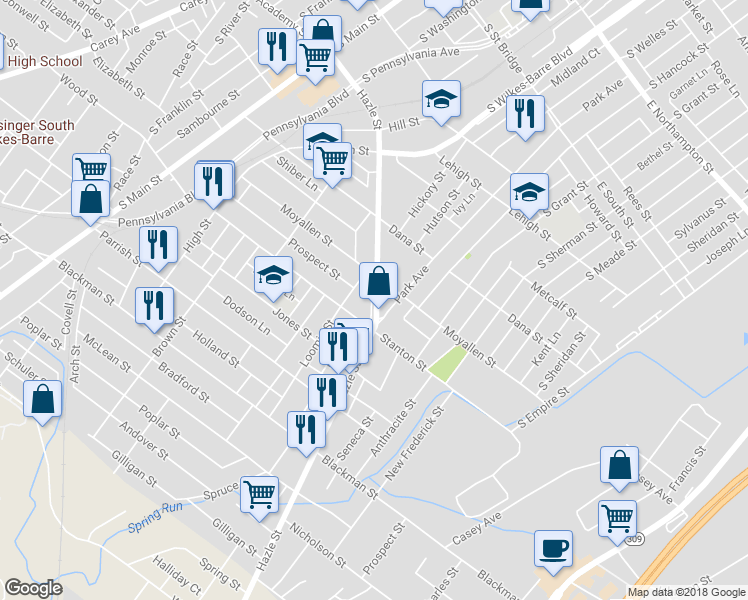 map of restaurants, bars, coffee shops, grocery stores, and more near 342 Hazle Street in Wilkes-Barre