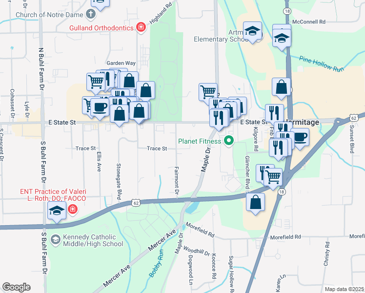 map of restaurants, bars, coffee shops, grocery stores, and more near 99 Fairmont Drive in Hermitage