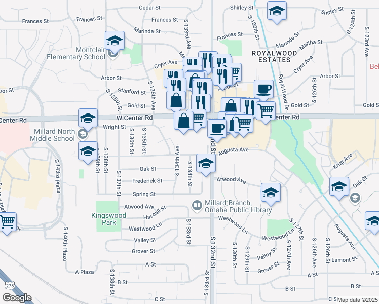 map of restaurants, bars, coffee shops, grocery stores, and more near 13322 Kingswood Drive in Omaha