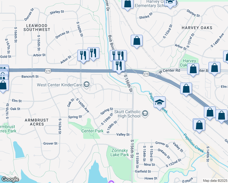 map of restaurants, bars, coffee shops, grocery stores, and more near 2905 South 159th Circle in Omaha