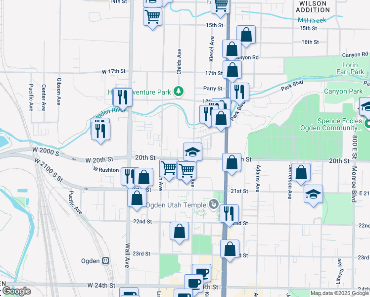 map of restaurants, bars, coffee shops, grocery stores, and more near 1951 Grant Avenue in Ogden