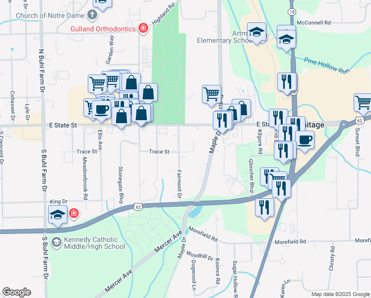 map of restaurants, bars, coffee shops, grocery stores, and more near 85 Fairmont Drive in Hermitage