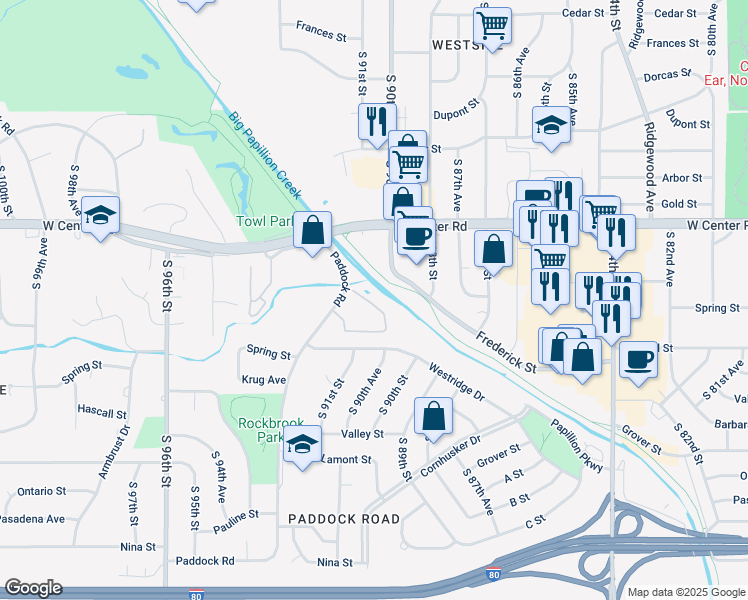 map of restaurants, bars, coffee shops, grocery stores, and more near 2901 Paddock Road in Omaha