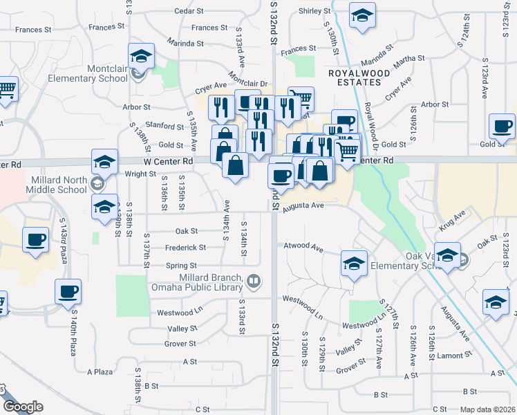 map of restaurants, bars, coffee shops, grocery stores, and more near 13302 Kingswood Drive in Omaha
