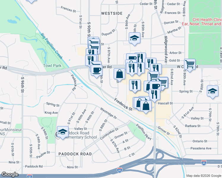 map of restaurants, bars, coffee shops, grocery stores, and more near 8723 Oak Street in Omaha