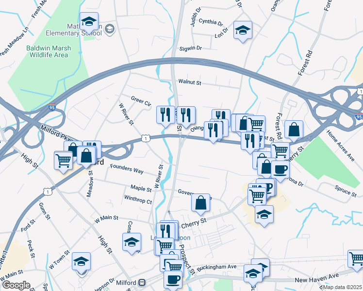 map of restaurants, bars, coffee shops, grocery stores, and more near 3 Orange Avenue in Milford