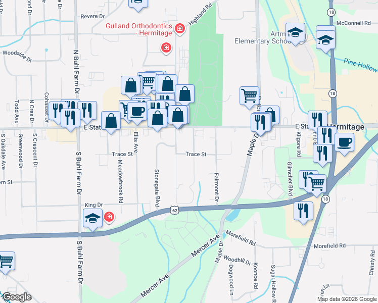 map of restaurants, bars, coffee shops, grocery stores, and more near 69 Rexford Drive in Hermitage