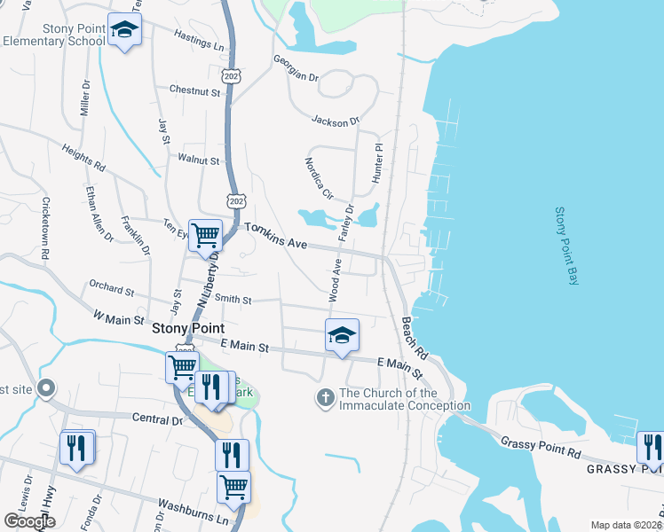map of restaurants, bars, coffee shops, grocery stores, and more near 35 Wood Avenue in Stony Point