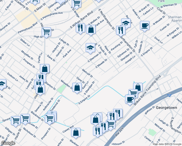 map of restaurants, bars, coffee shops, grocery stores, and more near 328 South Meade Street in Wilkes-Barre