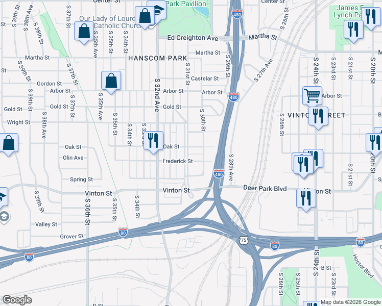 map of restaurants, bars, coffee shops, grocery stores, and more near 3011 Hanscom Boulevard in Omaha