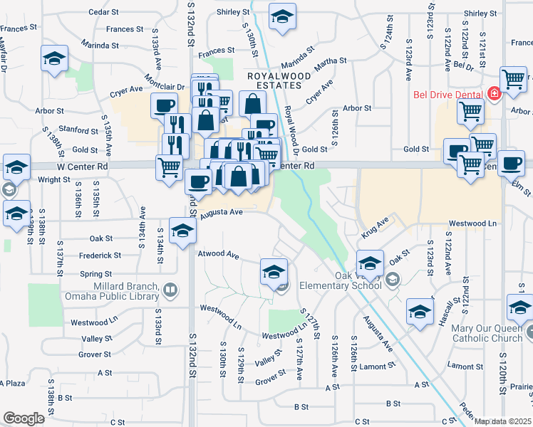 map of restaurants, bars, coffee shops, grocery stores, and more near 12951 Augusta Avenue in Omaha