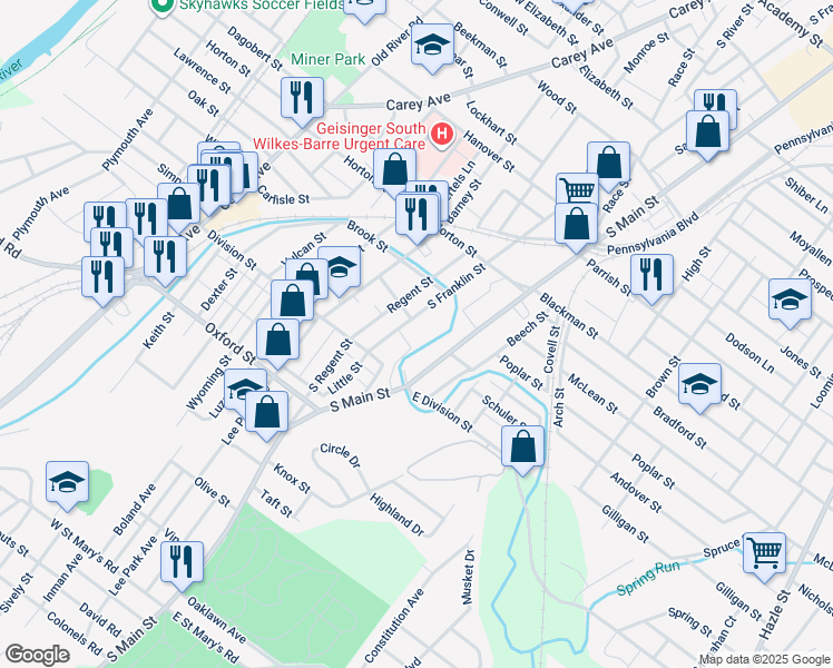 map of restaurants, bars, coffee shops, grocery stores, and more near Gregory Street in Bear Creek Village