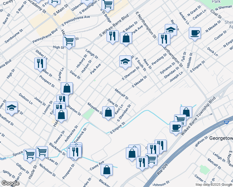 map of restaurants, bars, coffee shops, grocery stores, and more near 132 Almond Lane in Wilkes-Barre