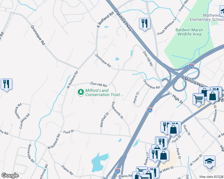 map of restaurants, bars, coffee shops, grocery stores, and more near 157 Southworth Street in Milford