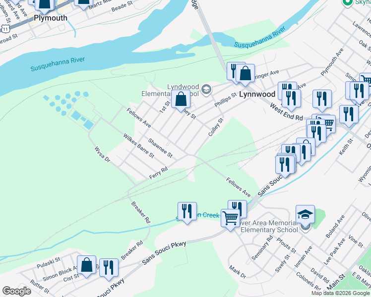 map of restaurants, bars, coffee shops, grocery stores, and more near 369-399 Lyndwood Avenue in Wilkes-Barre