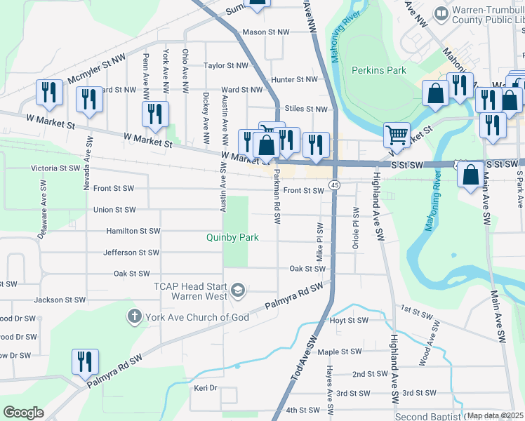 map of restaurants, bars, coffee shops, grocery stores, and more near 1144 Union Street Southwest in Warren