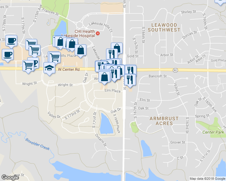 map of restaurants, bars, coffee shops, grocery stores, and more near Elm Plaza in Omaha