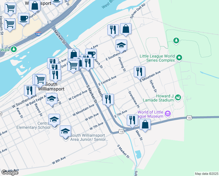 map of restaurants, bars, coffee shops, grocery stores, and more near 425 Main Street in South Williamsport