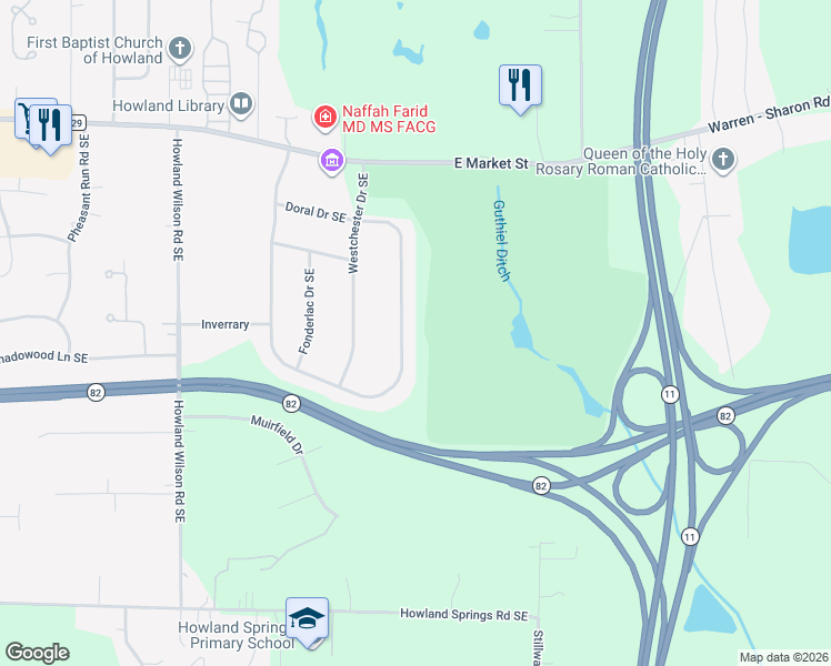 map of restaurants, bars, coffee shops, grocery stores, and more near 536 Avalon Drive Southeast in Warren