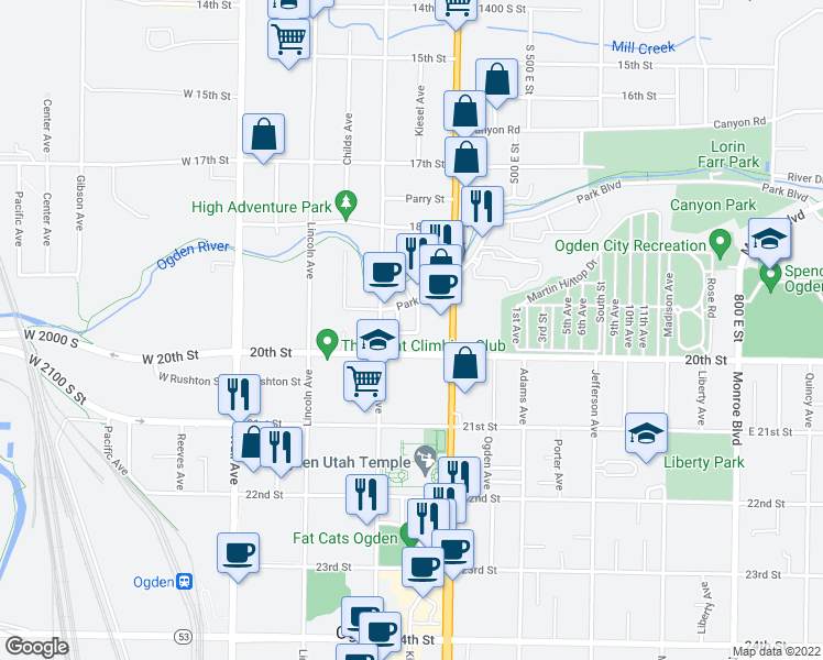 map of restaurants, bars, coffee shops, grocery stores, and more near 1954 Maple Grove Way in Ogden