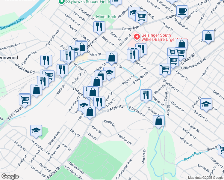 map of restaurants, bars, coffee shops, grocery stores, and more near 93 Division Street in Wilkes-Barre