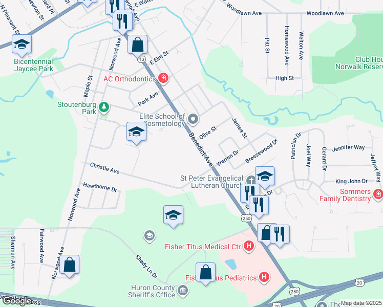 map of restaurants, bars, coffee shops, grocery stores, and more near 190 Benedict Avenue in Norwalk