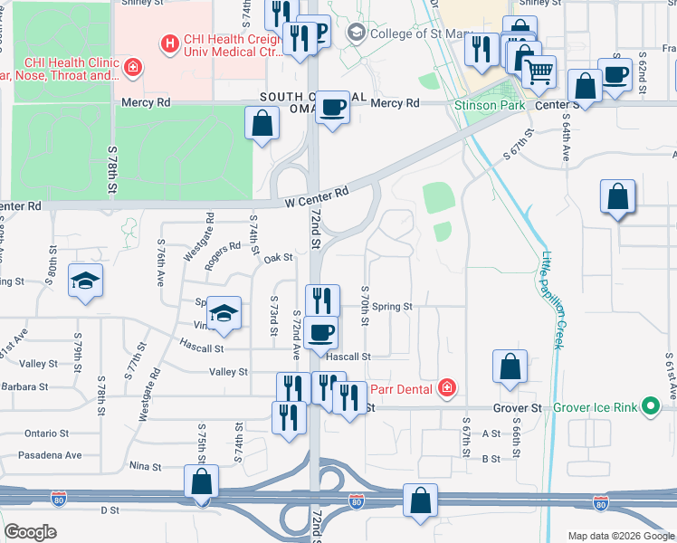 map of restaurants, bars, coffee shops, grocery stores, and more near 7007 Oak Street in Omaha