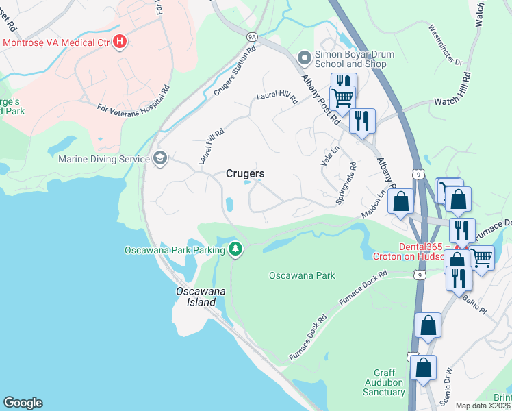 map of restaurants, bars, coffee shops, grocery stores, and more near 3 Skytop Drive in Croton-on-Hudson