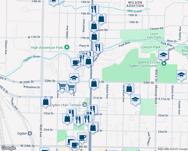 map of restaurants, bars, coffee shops, grocery stores, and more near 1956 Washington Boulevard in Ogden