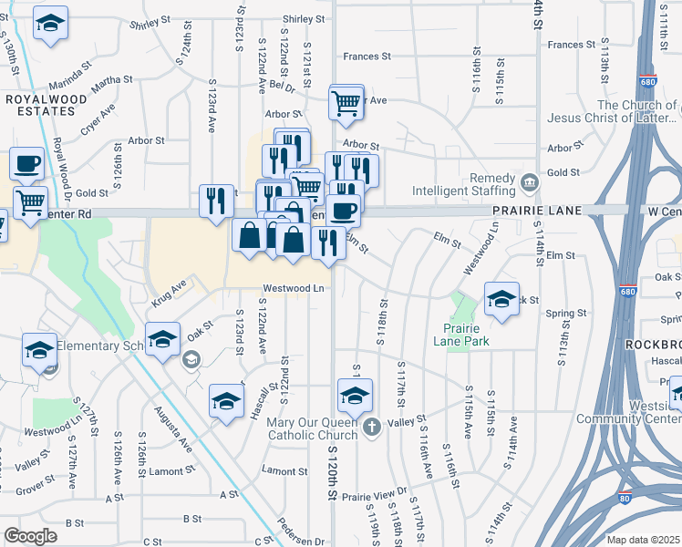 map of restaurants, bars, coffee shops, grocery stores, and more near 2951 South 120th Street in Omaha