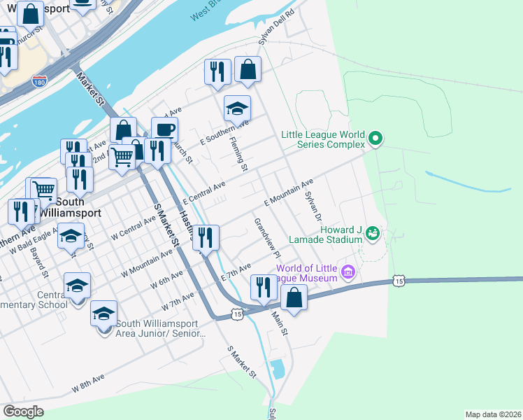 map of restaurants, bars, coffee shops, grocery stores, and more near 368 East Mountain Avenue in South Williamsport