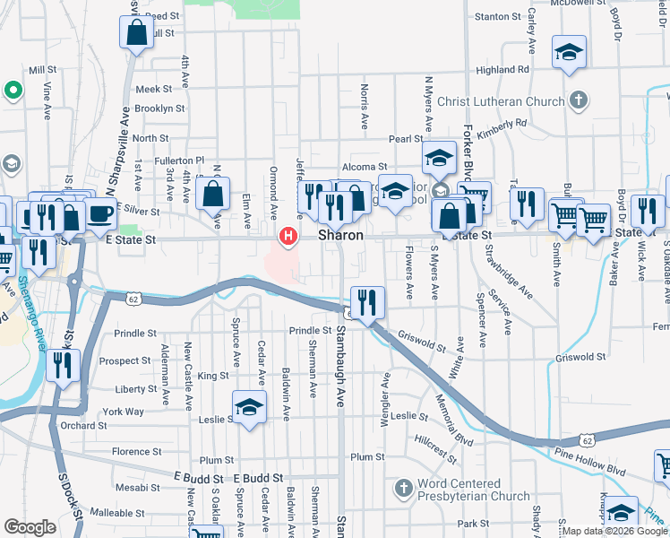 map of restaurants, bars, coffee shops, grocery stores, and more near 99 Stambaugh Avenue in Sharon