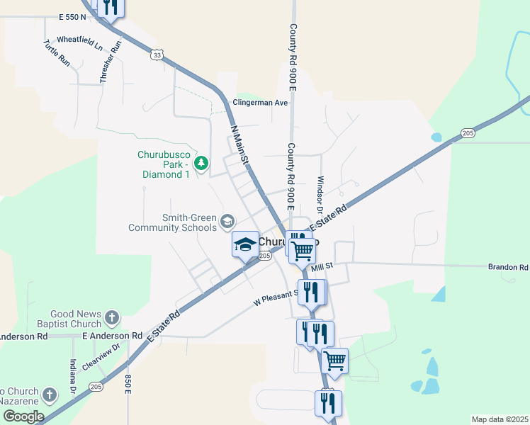 map of restaurants, bars, coffee shops, grocery stores, and more near 100-222 West Tulley Street in Churubusco