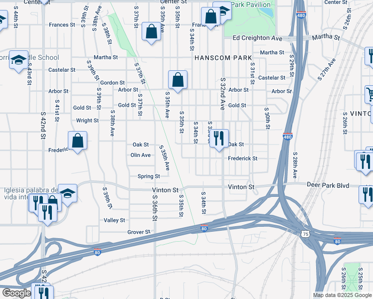 map of restaurants, bars, coffee shops, grocery stores, and more near 3006 South 35th Street in Omaha