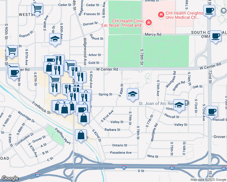 map of restaurants, bars, coffee shops, grocery stores, and more near 3030 South 80th Street in Omaha