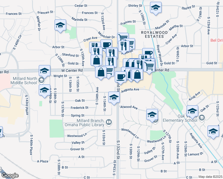 map of restaurants, bars, coffee shops, grocery stores, and more near 13302 Kingswood Drive in Omaha