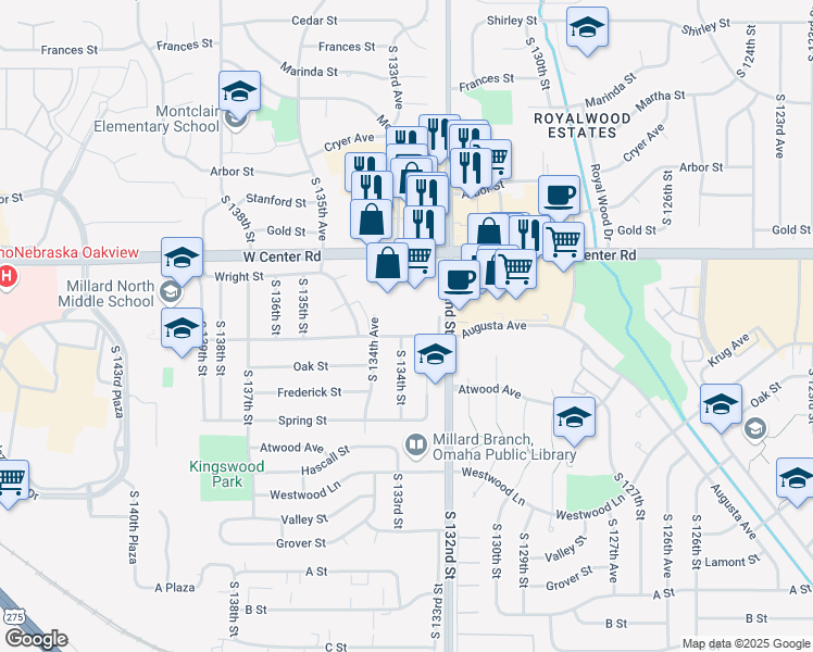 map of restaurants, bars, coffee shops, grocery stores, and more near 13322 Kingswood Drive in Omaha