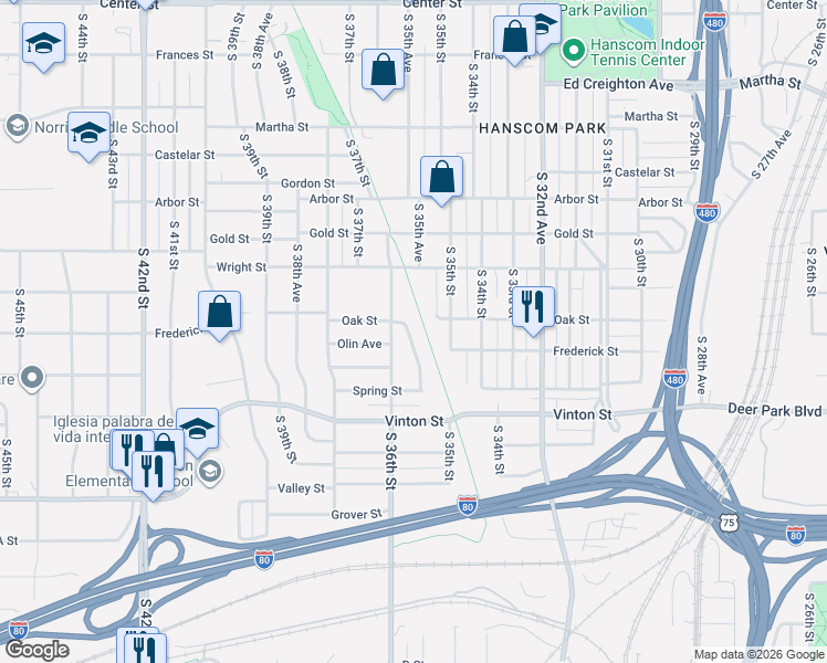 map of restaurants, bars, coffee shops, grocery stores, and more near 3027 South 35th Avenue in Omaha