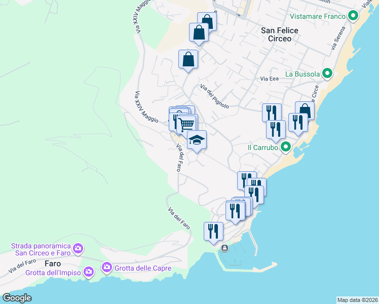 map of restaurants, bars, coffee shops, grocery stores, and more near 8 Via Gino Rossi in San Felice Circeo