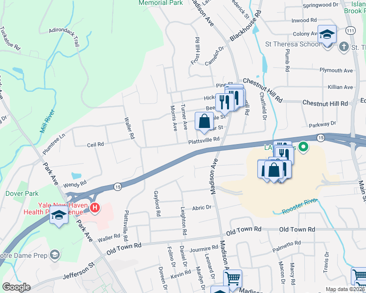 map of restaurants, bars, coffee shops, grocery stores, and more near 740 Plattsville Road in Trumbull