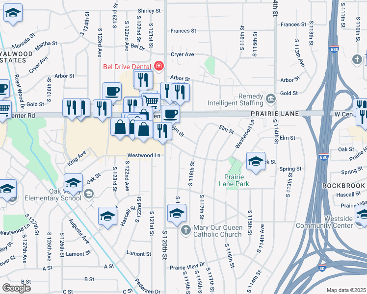 map of restaurants, bars, coffee shops, grocery stores, and more near 11906 Westwood Lane in Omaha