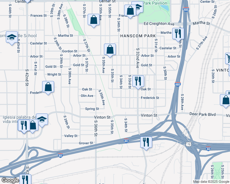 map of restaurants, bars, coffee shops, grocery stores, and more near 3006 South 35th Street in Omaha