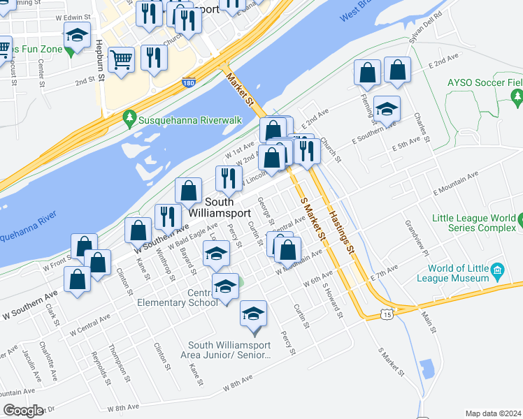 map of restaurants, bars, coffee shops, grocery stores, and more near 330 George Street in South Williamsport